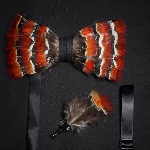 Feather Bow Tie and Lapel Pin Set